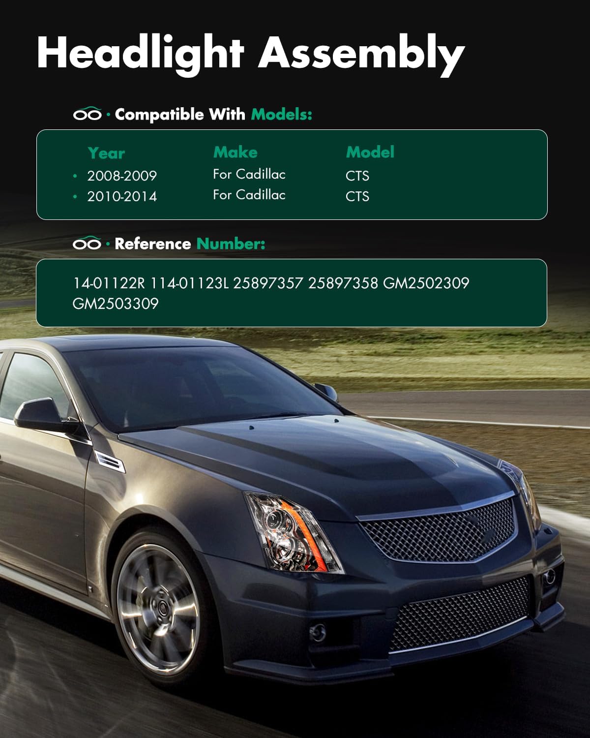 SCITOO Headlight Assembly Fit 2008-2014 For Cadillac CTS Black Housing Amber Reflector Pair Headlights 14-01122R