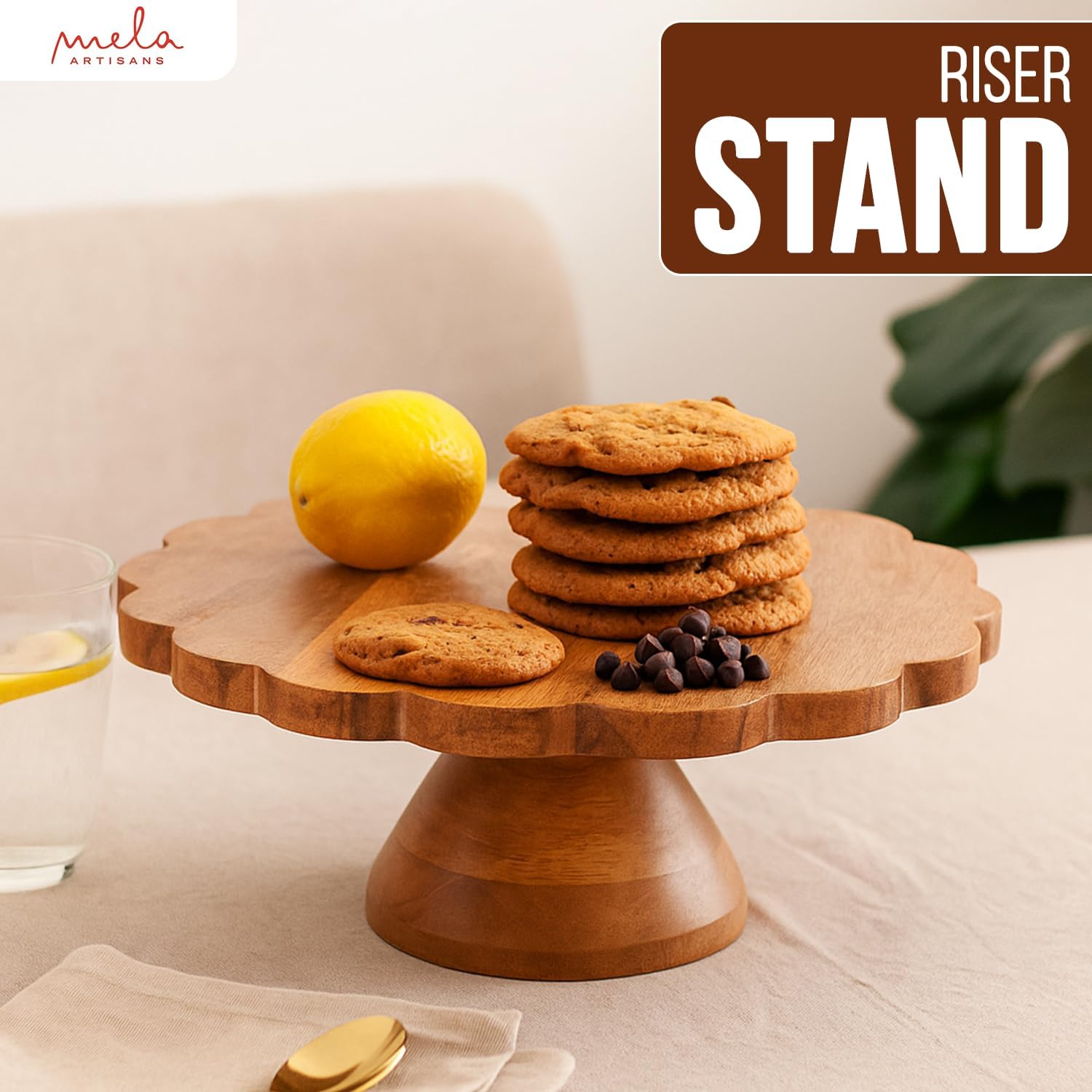 Mela Artisans Wooden Cake Stand 12 Inch | Natural Finish Mango Wood Pedestal Riser | Footed Cupcake & Dessert Stand | Multipurpose Cake Display for Home Decor | Dining Table | Pastries