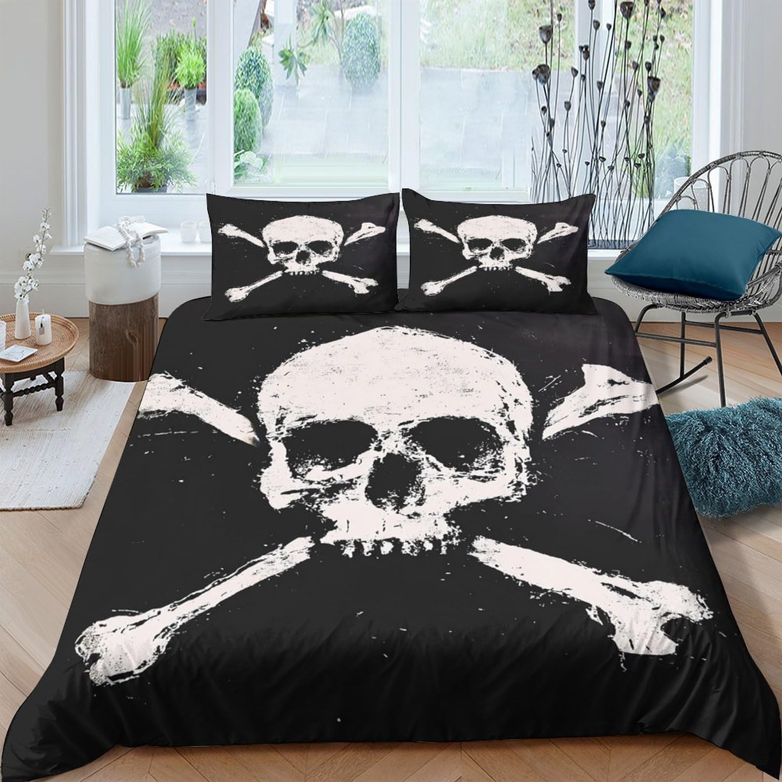Ctjqhvkz Style-7 3D Printed Skull Bones Fitted Sheet Microfiber Anti-Slip Black Pirate Bed Sheet Bedroom Decor Mattress Cover Single（135X200cm）