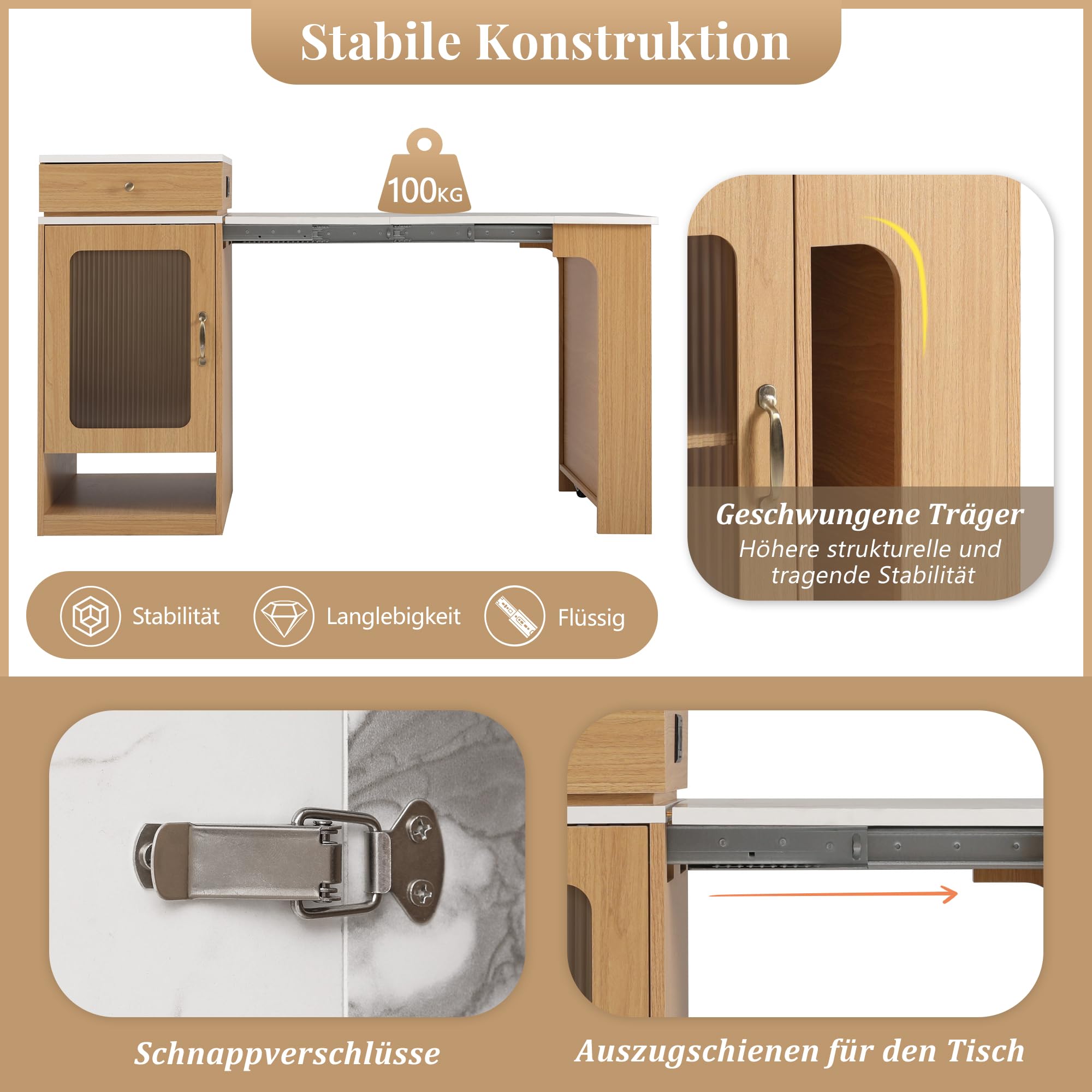 Wyspa kuchenna na kółkach 80 x 71 – 151 x 92 cm, wysuwany stół do jadalni ze zdejmowanymi płytami, składany stół barowy dla rodzin, zajmujący niewiele miejsca kredens do nowoczesnej jadalni