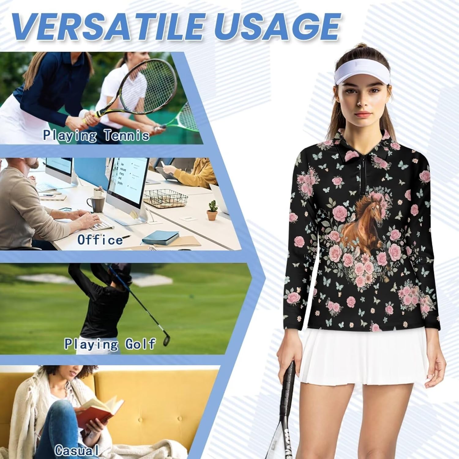Women Athletic Golf Polo Shirts Long Sleeves V Neck Running Hiking Quick Dry Trendy Pullover Workout Tops XS-2XL