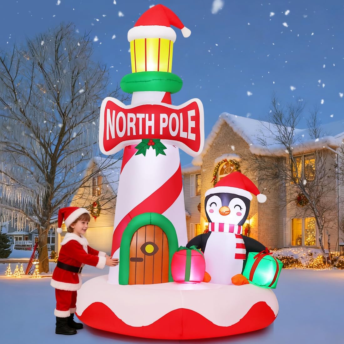 GOOSH 10 FT Chriatmas Inflatables Lighthouse Decorations Blow Up Yard with Penguin Built-in LEDs for Garden Lawn Indoor Party Decor