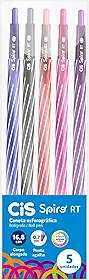 CIS Spiro Caneta Esferográfica Retrátil - 0.7mm – Estojo com 5 unidades (Azul, Preta, Vermelha, Rosa e Roxa) - Retrátil - Ponta Agulha - Escrita Suave