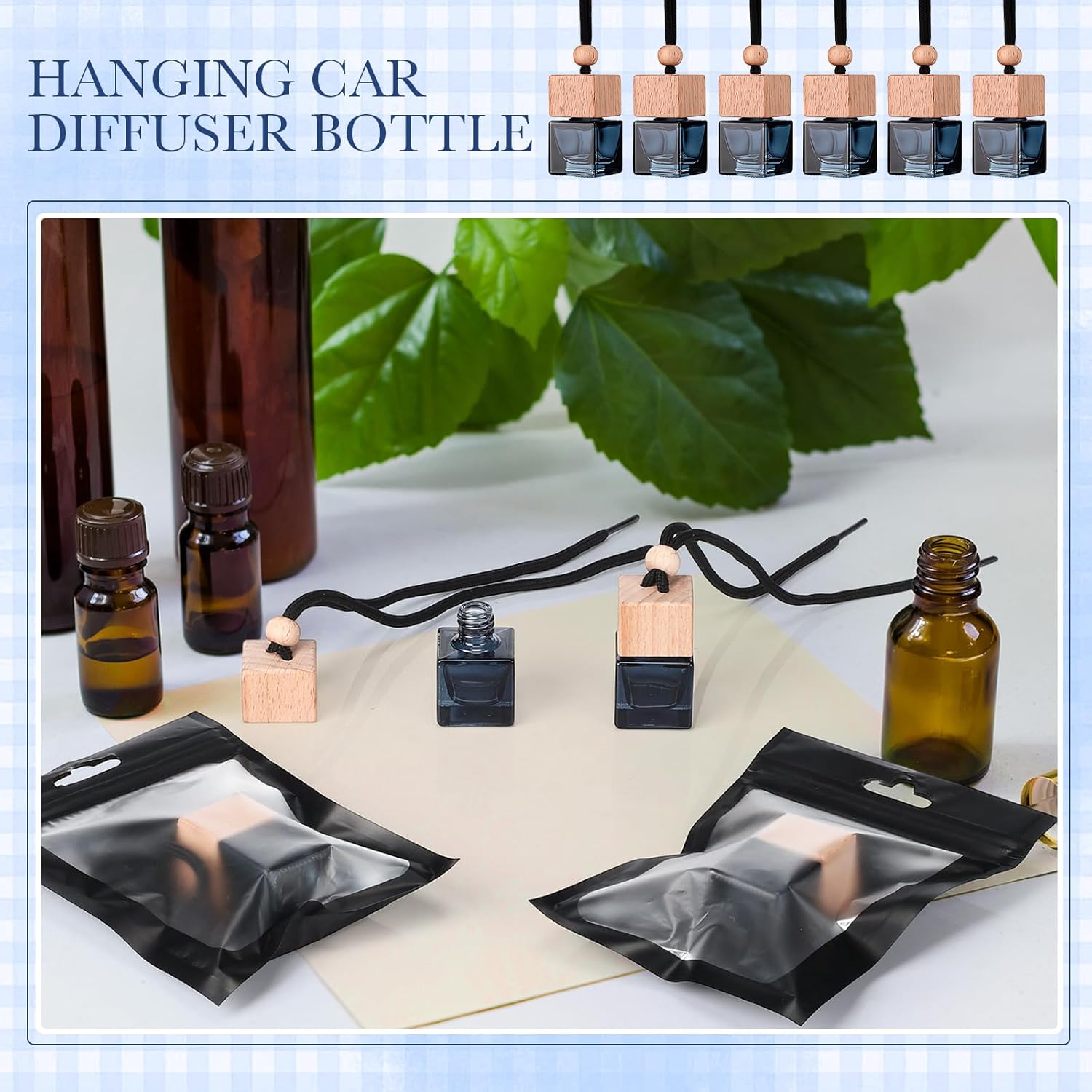 Boao 50 Sets Hanging Car Air Freshener Diffuser Bottles with Instruction Card and 4 x 6'' Resealable Holographic Bag for Empty Car Essential Oil Perfume Bottles Packaging (Cube,Black)