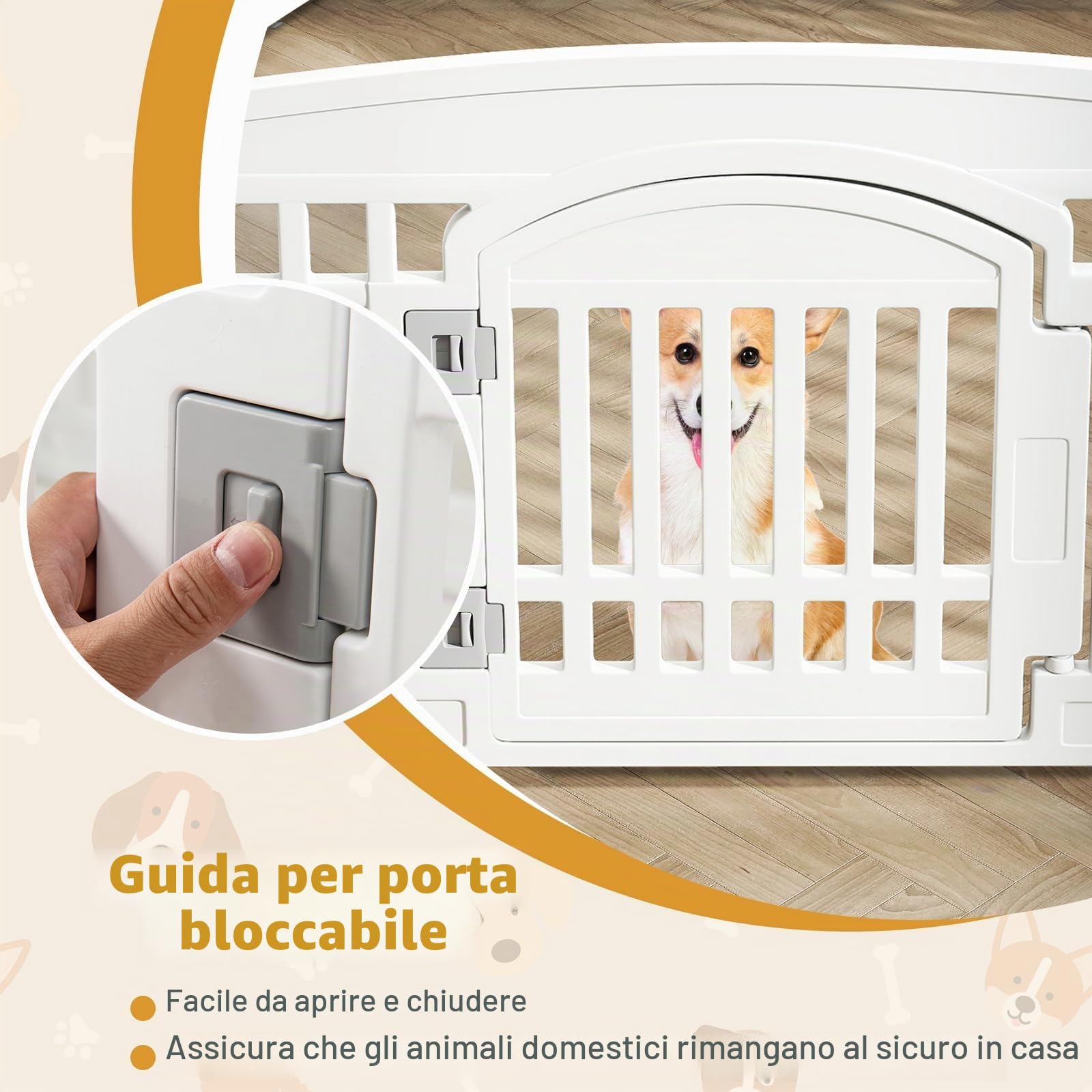 FANTASK Rastrelliera pieghevole per cani da esterno e interno, beccuccio per cani con porta a chiave e 6 pannelli, box per cuccioli in plastica, altezza 60 cm (bianco)