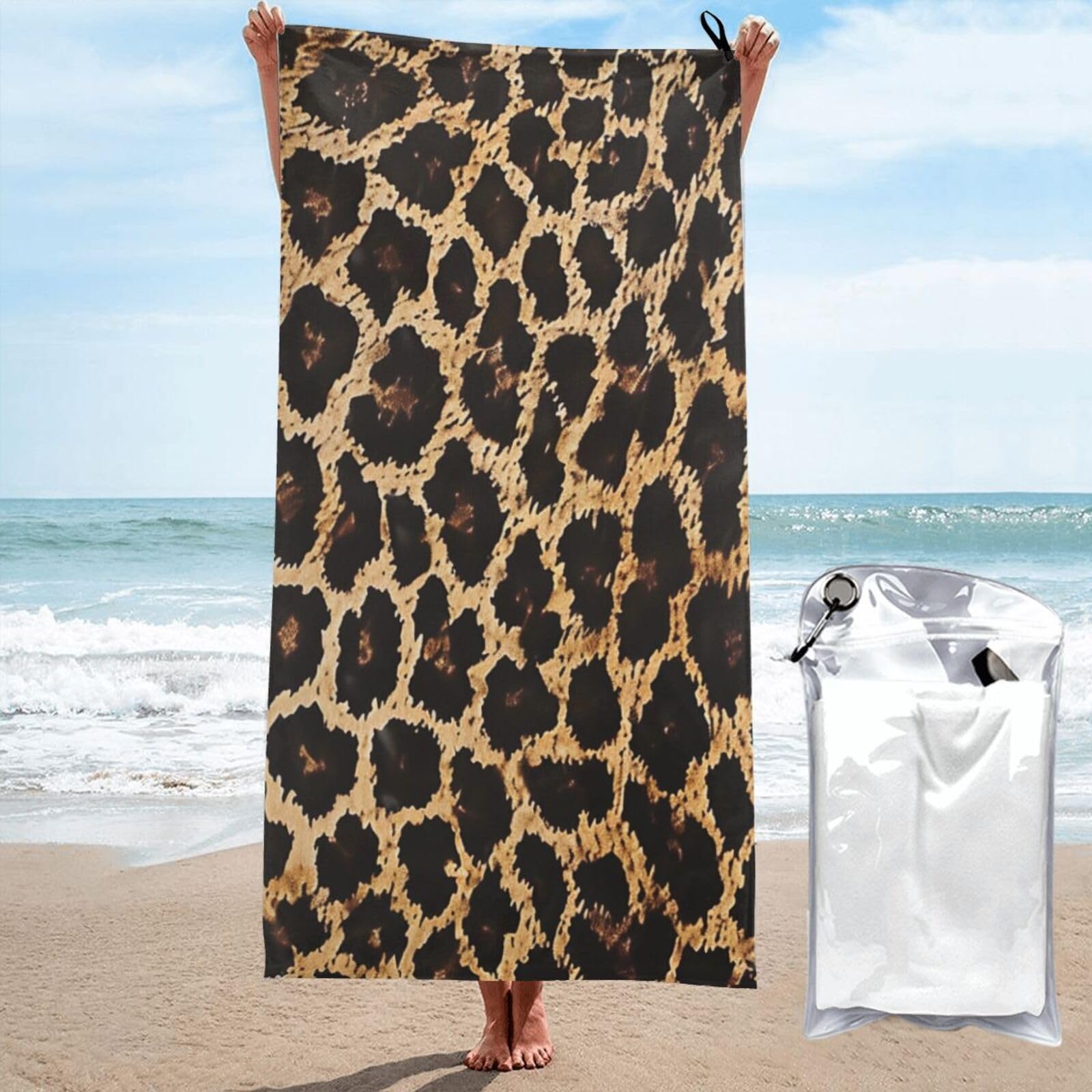 BWWHCCTI Leopard Print Printed Microfiber Quick Dry Beach Towel 80x160 CM, Fast Drying Bath Towels with Bags for Travel,Camping,Gym,Beach,Swimming,Yoga