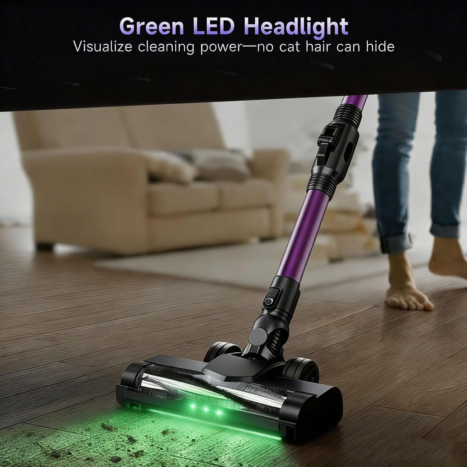 LAQVITA New Cordless Vacuum Cleaner, 45Mins Powerful Suction Stick Vacuum Lightweight with Advanced Green Light Tech, 1.5L Dust Cup, Self-Standing, Rechargeable for Hardwood Floors, Low-Pile Carpet