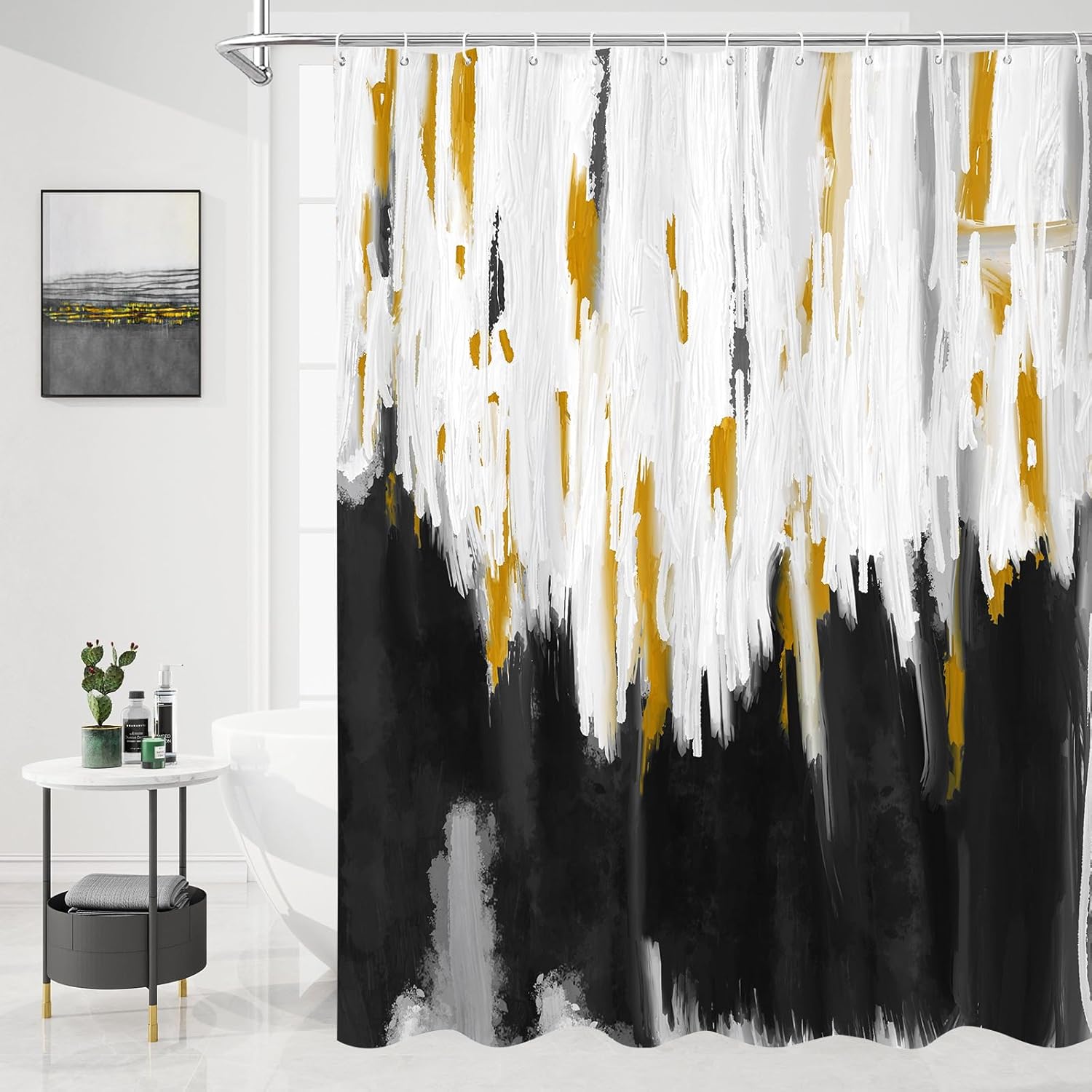 MitoVilla Abstract Extra Long Shower Curtain Set 72 x 84, Modern Ombre 84 inch XL Shower Curtains for Chic Vintage Bathroom Decor, Brush Strokes Oil Painting Fabric Shower Curtain, Black