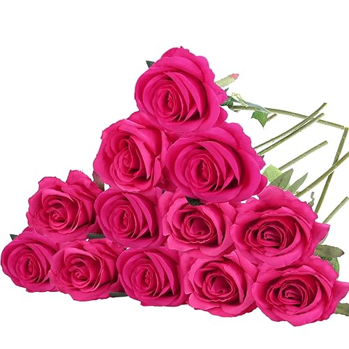 Felice Arts 12 Pack Hot Pink Roses Artificial Flowers with