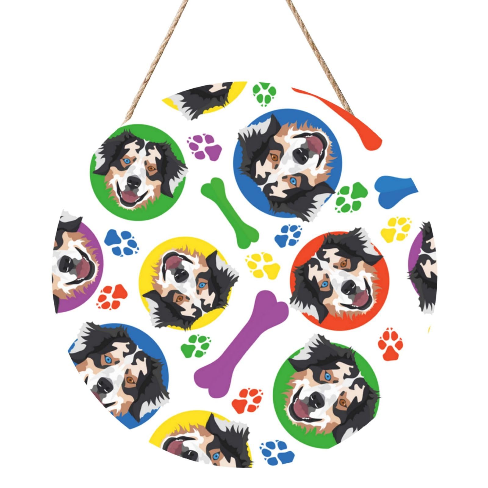 InOmak Colorful And Playful Australian Shepherd, Round Wood Panel Painting 12 in, Wall Hanging Painting For Home