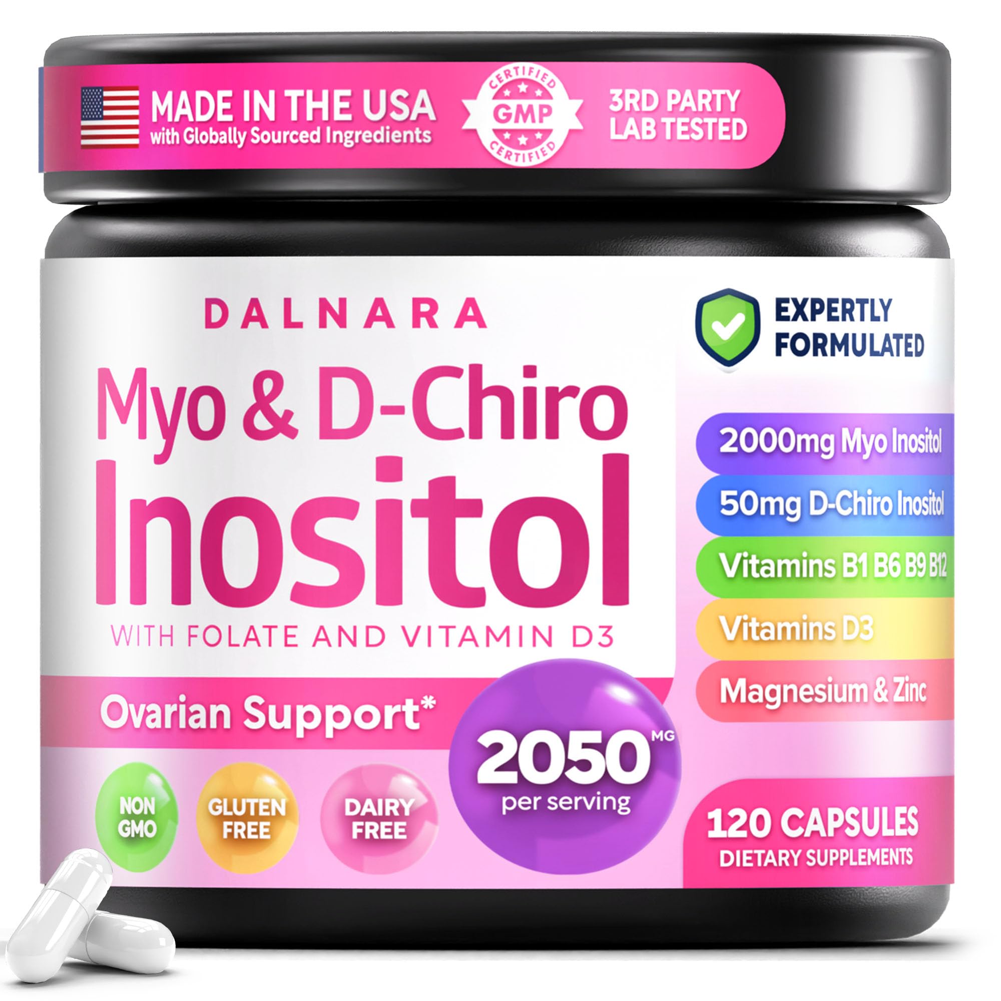 Dalnara Suplemento de Inositol Myo-Inositol 2000 mg e D-Chiro Inositol 50 mg, 120 cápsulas