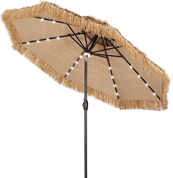 9FT Patio Umbrella, Thatched Patio Tiki Umbrella with Tilt, 33 built-in LED lights 2 Tier Hawaiian Style Beach Umbrella NO Base