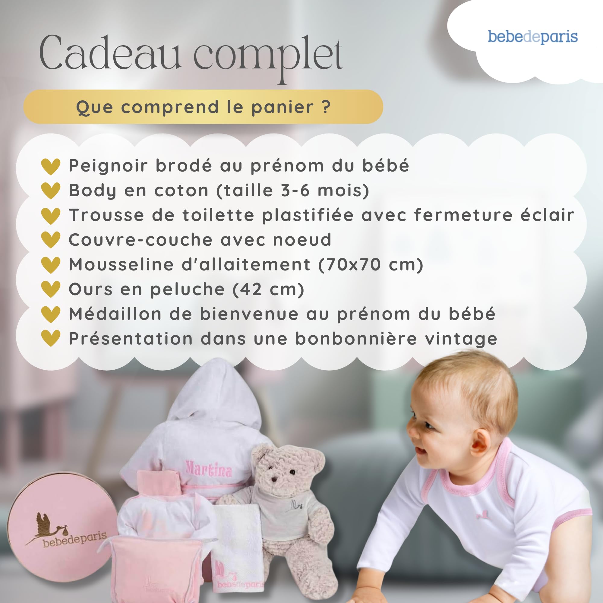 Canastilla Peignoir brodé nouveau-né 6-18 mois Body Trousse toilette mousseline ours peluche