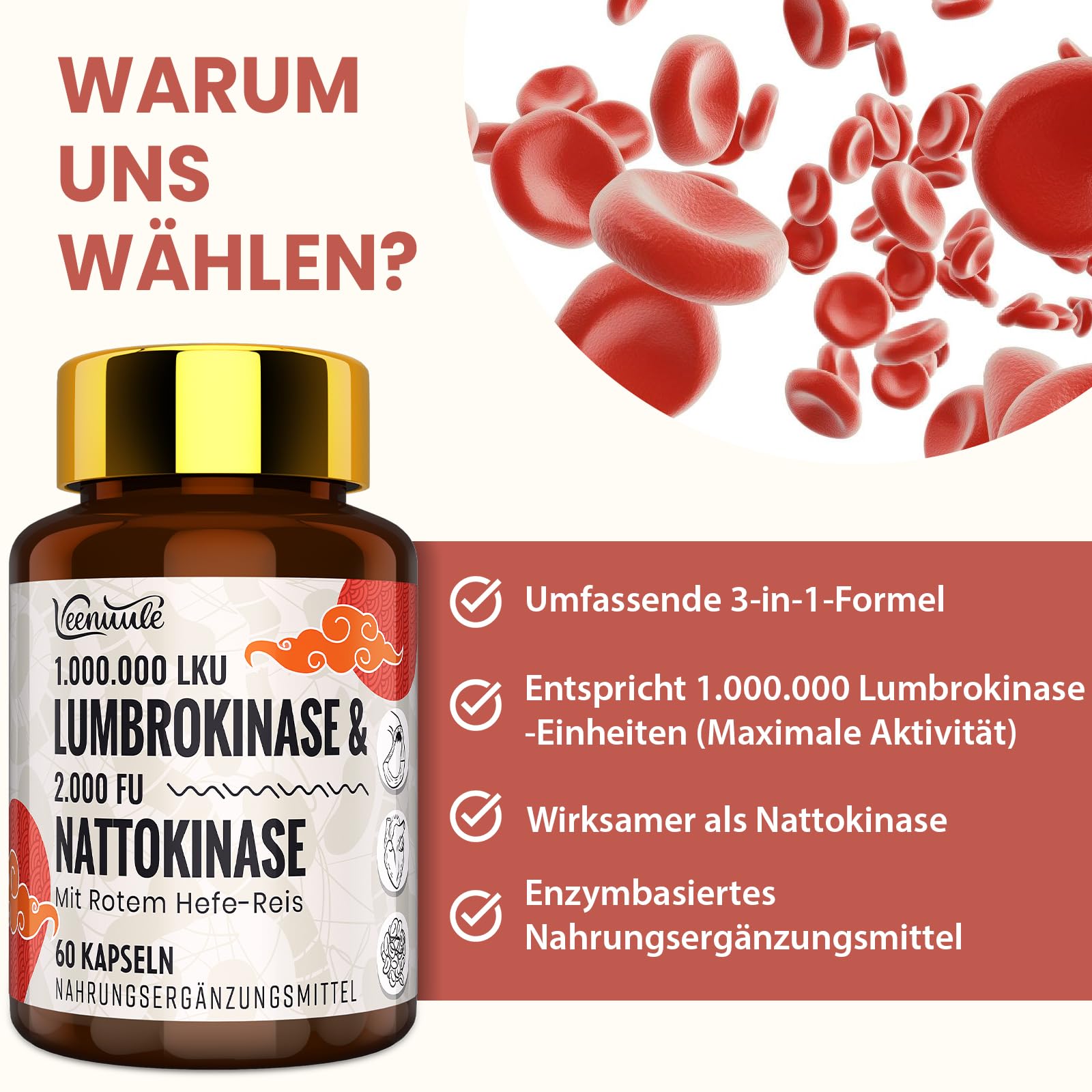 Lumbrokinase 100 mg Par Portion (1 000 000 LKU) avec Nattokinase 100 mg (2 000 FU), Sans OGM, Sans Gluten, 120 Gélules