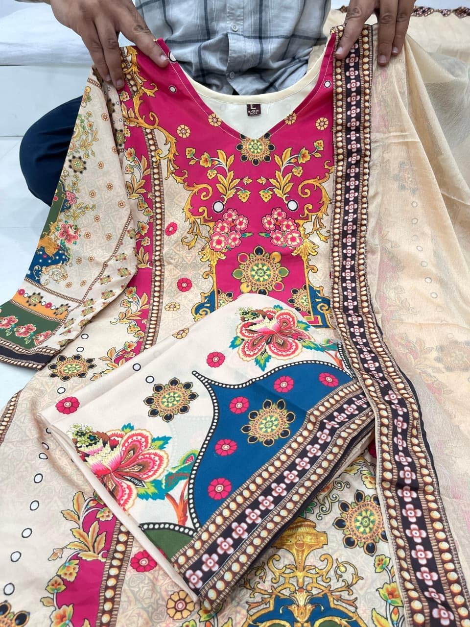 Women’s Muslin Cotton Anarkali Kurti Palazzo Dupatta Set with Necklace | Beige Floral Printed Ethnic Suit |