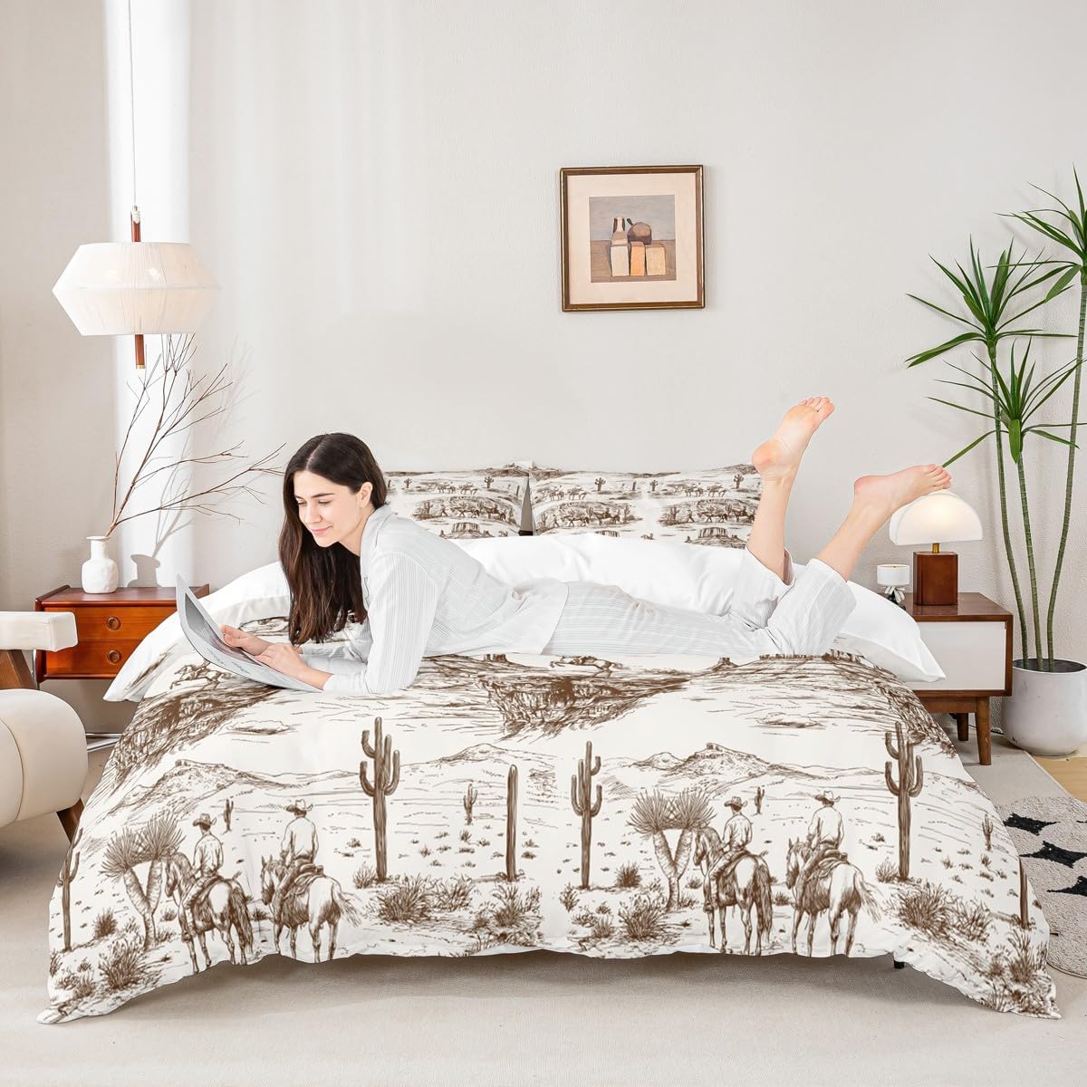 Western Cowboy Duvet Cover Set Queen Size Brown Sketch Desert Wild Horse Bedding Set 3Pcs for Kids Boys Men Girls Bedroom Decor Rustic Farmhouse Comforter Cover Animals Quilt Cover,2 Pillowcase