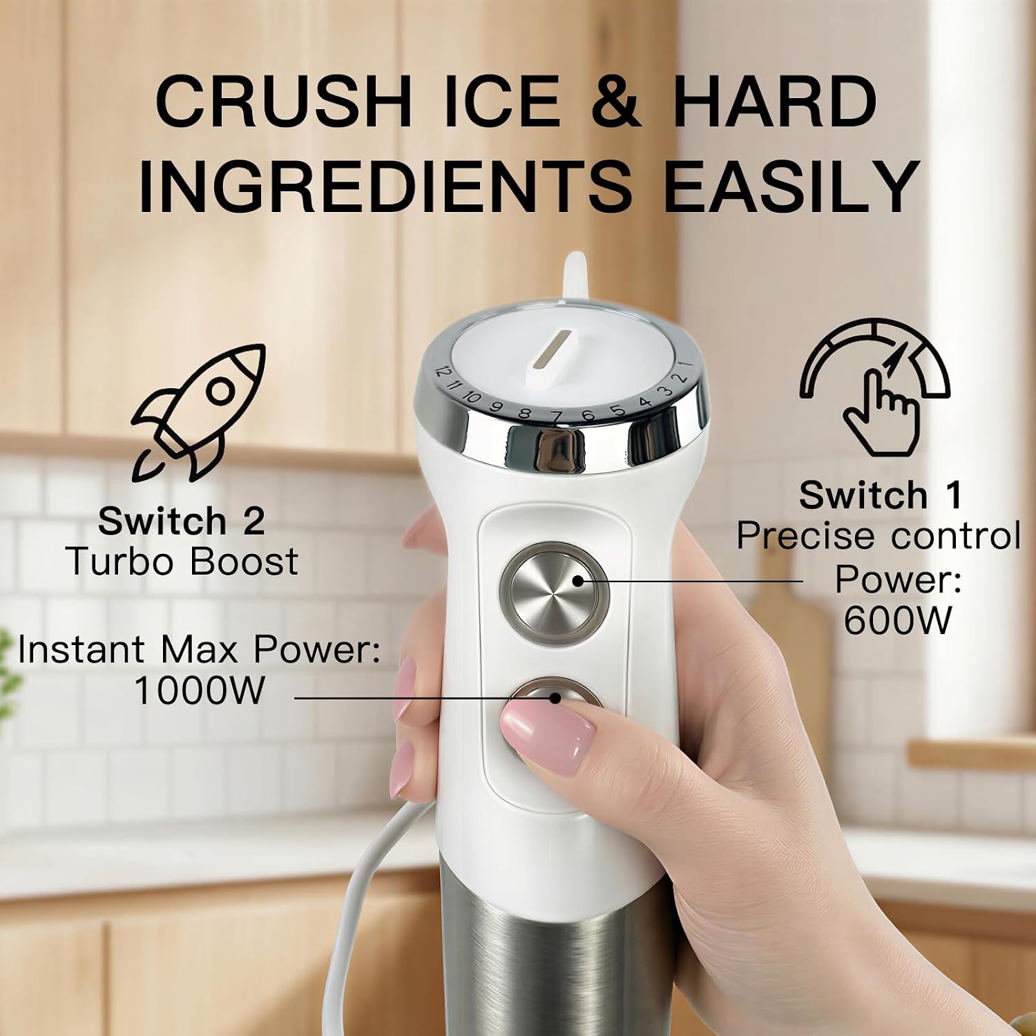 MEGAWISE 1000W 5-in-1 Immersion Hand Blender, Powerful Stick Blender with Whisk, Milk Frother, Food Chopper & Beaker, Multi-Speed Stainless Steel Hand Blender for Smoothies, Soup, Baby Food (White)