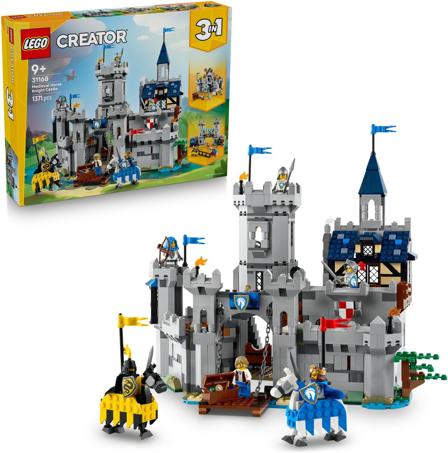 LEGO Creator 3'ü 1 Arada Orta Çağ Atlı Şövalye Kalesi 31168-9 Yaş ve Üzeri Çocuklar için Hem Cirit Seti Hem de Kasaba Olarak İnşa Edilebilen Yaratıcı Oyuncak Yapım Seti, Eşsiz Hediye Fikri(1371 Pr)