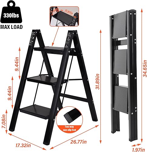 Miniatura 4 de Escalera de 3 escalones, de aleación de aluminio multiusos, ligera, portátil, plegable, con pedales anchos antideslizantes para el hogar, cocina,