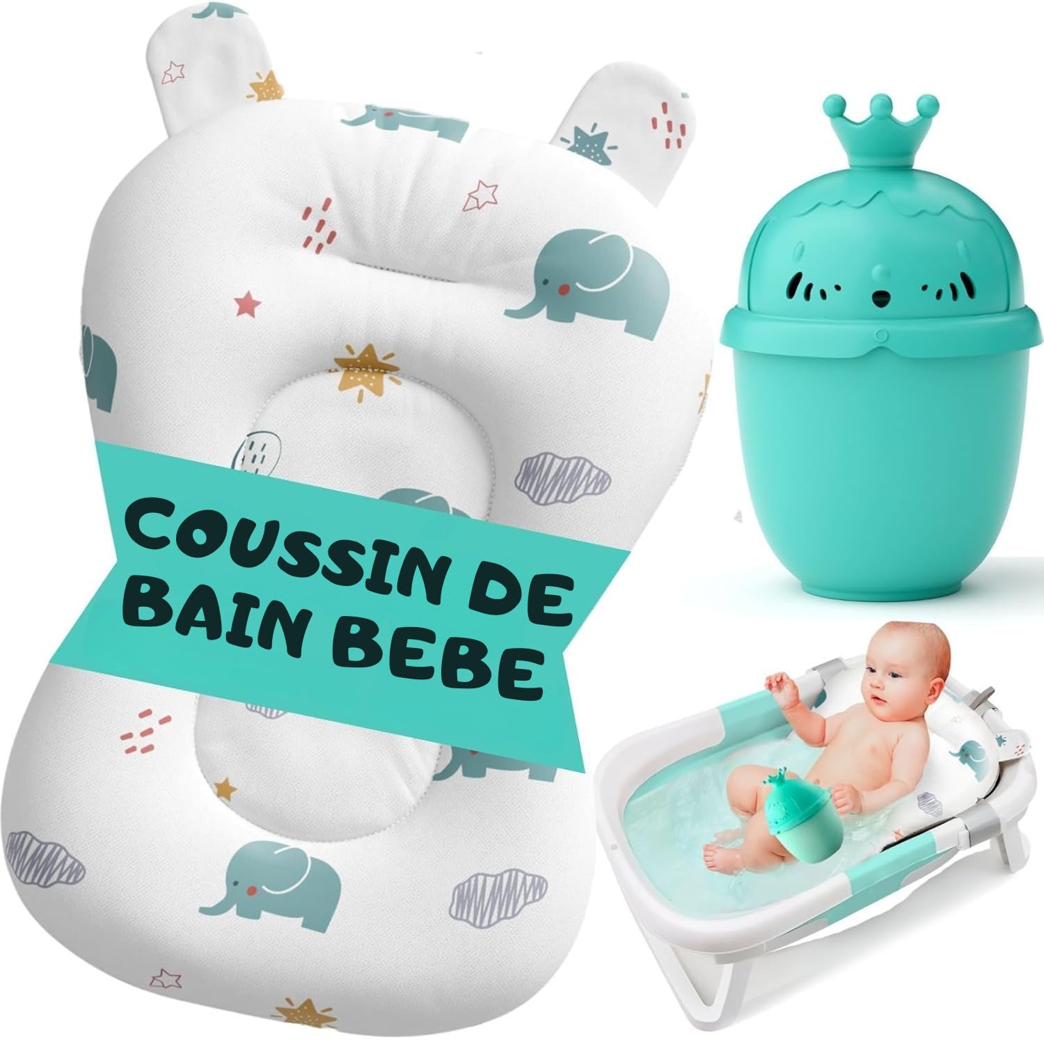Coussin de Bain Bébé + Pichet de Bain – Coussin Baignoire Bébé Universel – Réducteur Baignoire pour Bébé – Matelas Doux & Antidérapant (Blanc)
