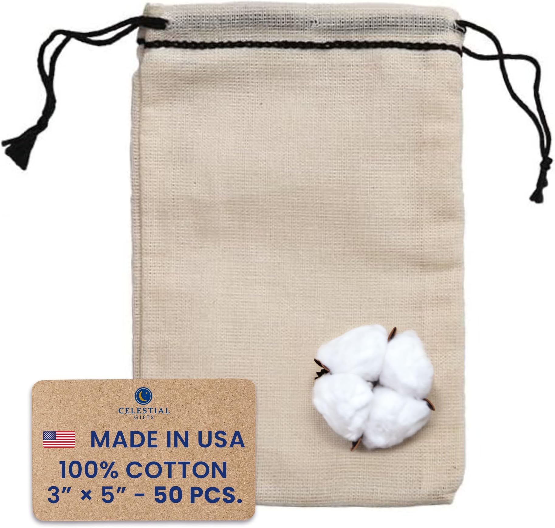 Celestial Gifts Muslin Bags - Drawstring Small 50pcs - 3x5, Reusable Tea Bags, Jewelry Gift, Spice and Cotton Gift Sachet - 100% Cotton - Made in USA - (Black Hem & Drawstring)