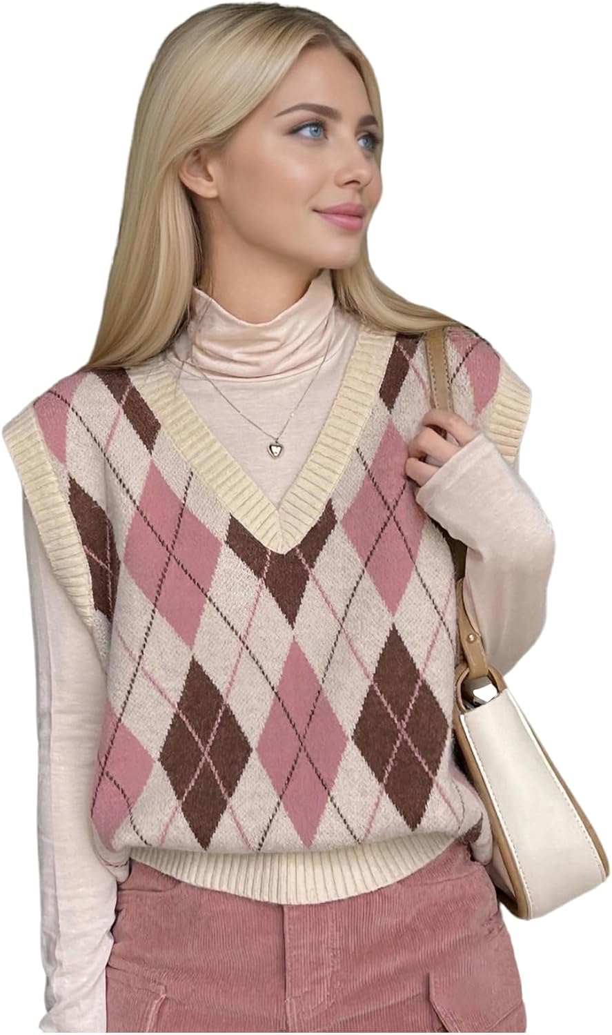 OYOANGLE Women's Argyle Sweater Vest Y2K Preppy Style V Neck Sleeveless Knitted Tank Top