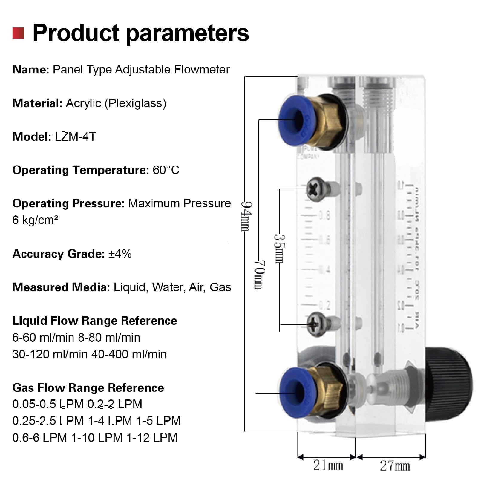 Medidor de flujo de Panel acrílico de LZM-4T, rotámetro de Gas líquido, medidor de flujo de aire comprimido, instrumento de análisis de agua, interfaz de 6mm(Gas-0.05-0.5LPM)