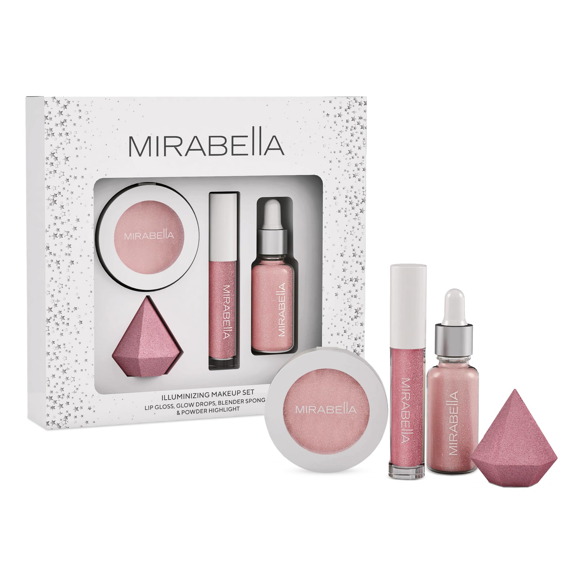4-Piece Makeup Set for Women & Girls, Illuminizing Holiday Gift Set - Make-Up Set Includes Lip Gloss, Glow Drops, Powder Highlight & Blender Sponge - Talc-Free & Paraben Free Cosmetic Set