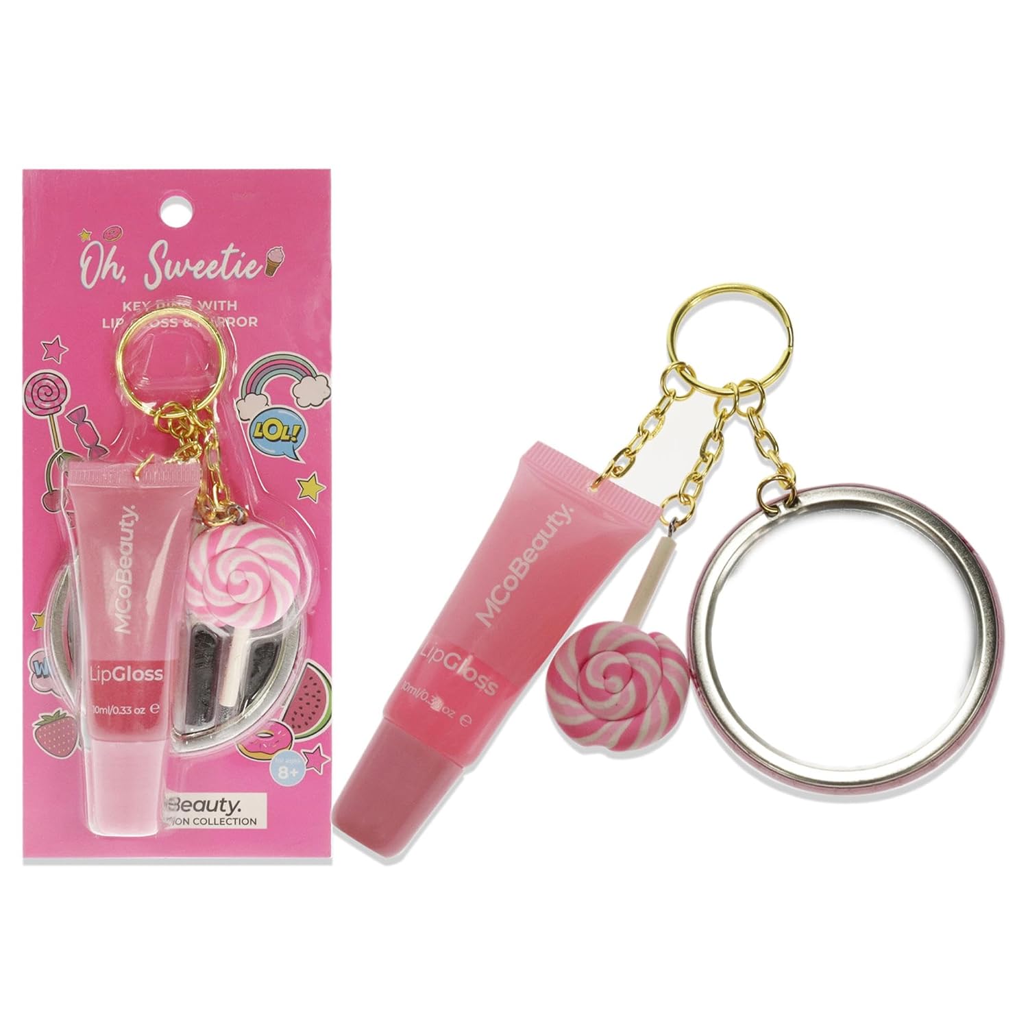 MCoBeauty Oh Sweetie Keyring With Lip Gloss And Mirror - Adds Hydration And High Shine To Lips With A Fruity Scent - Achieve Flawless Application Every Time - Candy - 0.34 Oz
