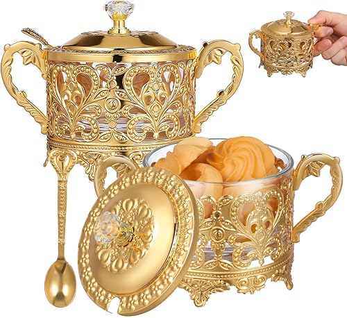 Kichvoe Azucarero, 2 juegos de azucareros turcos con tapa y cuchara, condimentos, caja de condimentos, caja de sal dorada en relieve, tarro de