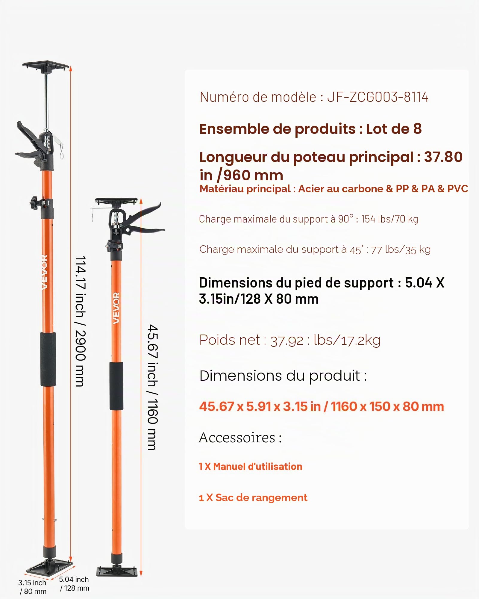 VEVOR Étai de Soutien Télescopique 116-290 cm Poteau de Support Réglable Lot de 8, Tige Dégagement Rapide, en Acier, Charge 70 kg, Étai pour Plafond, Installation d'Armoires, Levage de Cloisons Sèches