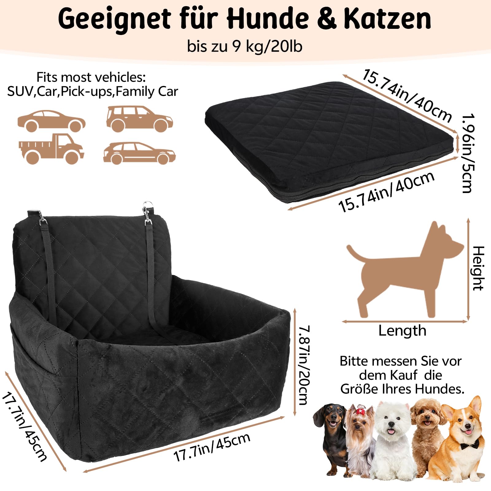 Hundeautositz bis 9 kg, Memory-Schaum Hundebooster mit Plüsch-Samt-Bezug, Rutschfeste Unterseite & 2 Sicherheitsgurte, Waschbares Reise-Hundebett mit Sicherheitsleine, 45x45x34cm
