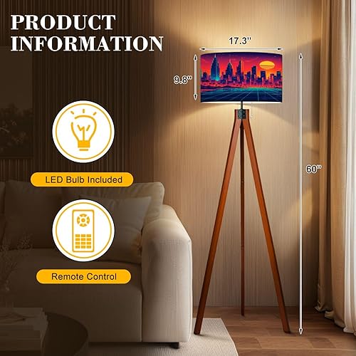 Miniatura 2 de Trípode de madera, lámpara de pie punk, ciudad, UV, reactiva, luz negra, futurista, paisaje urbano japonés, lámpara de pie de mediados de siglo,