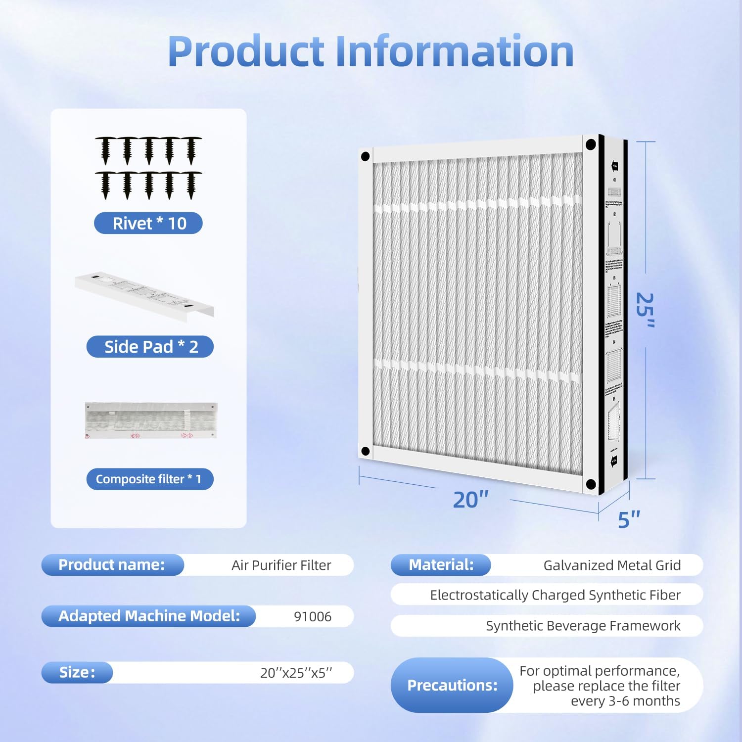 Furnace Filter 20x25x5 MERV 11 Replacement Air Filter Compatible with Ultravation 91-006,90-007,90-008 Filter, Foldable (1-PACK)