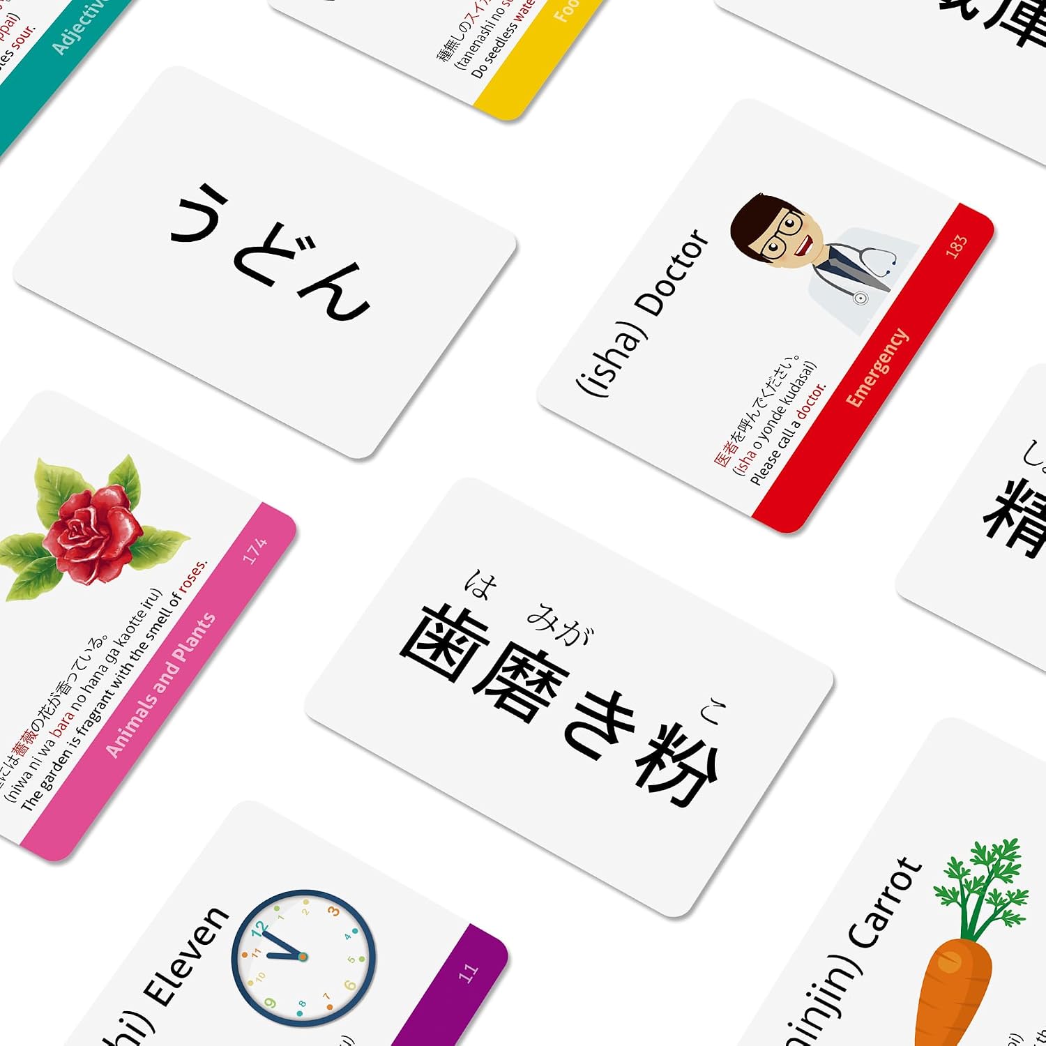 Japanese Vocabulary Flash Cards for Beginners (with Illustrations and Example Sentences), Standard Playing Card Size, Sturdy, Water Resistant image 2