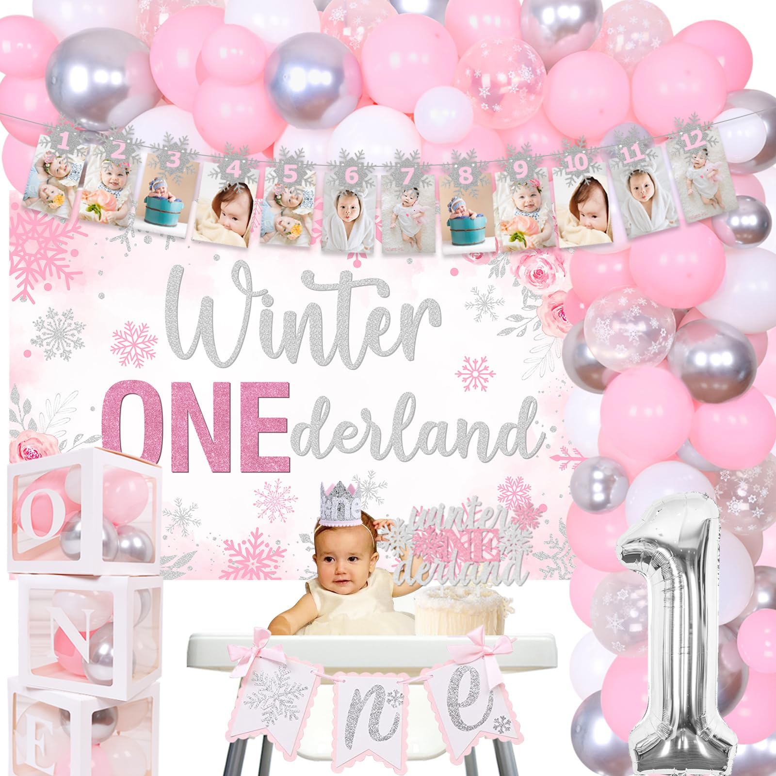 Winter Onederland 1st Birthday Decorations for Girls, Snowflake Balloon Garland Arch Kit Silver with Photo Banner, Winter Onederland Backdrop Cake Topper, One Banner Hat and Balloon Boxes