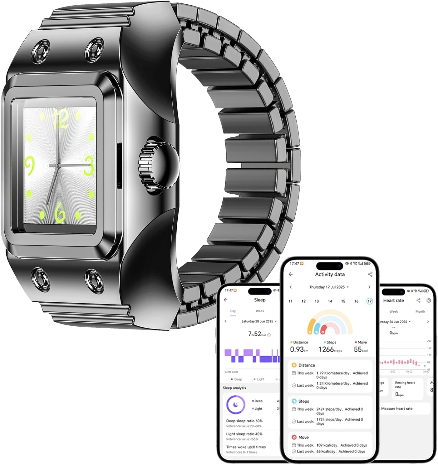 Smart Watch Ring Clock Ring for Women Men Quartz Analog Finger Watch with Heart Rate Monitor Sleep Track Sport Receord with Adjustable Band