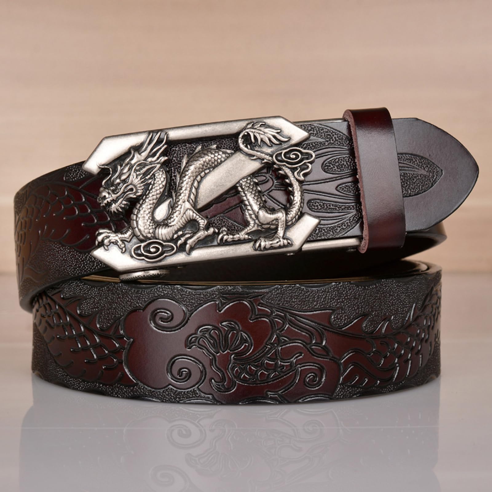 Cinturón De Trinquete Cuero Vaca Genuino, Hebilla Automática Grabada Con Dragón, Deslizante Informal Ajustable (cintura 115 Cm/39 Pulgadas, Negro)
