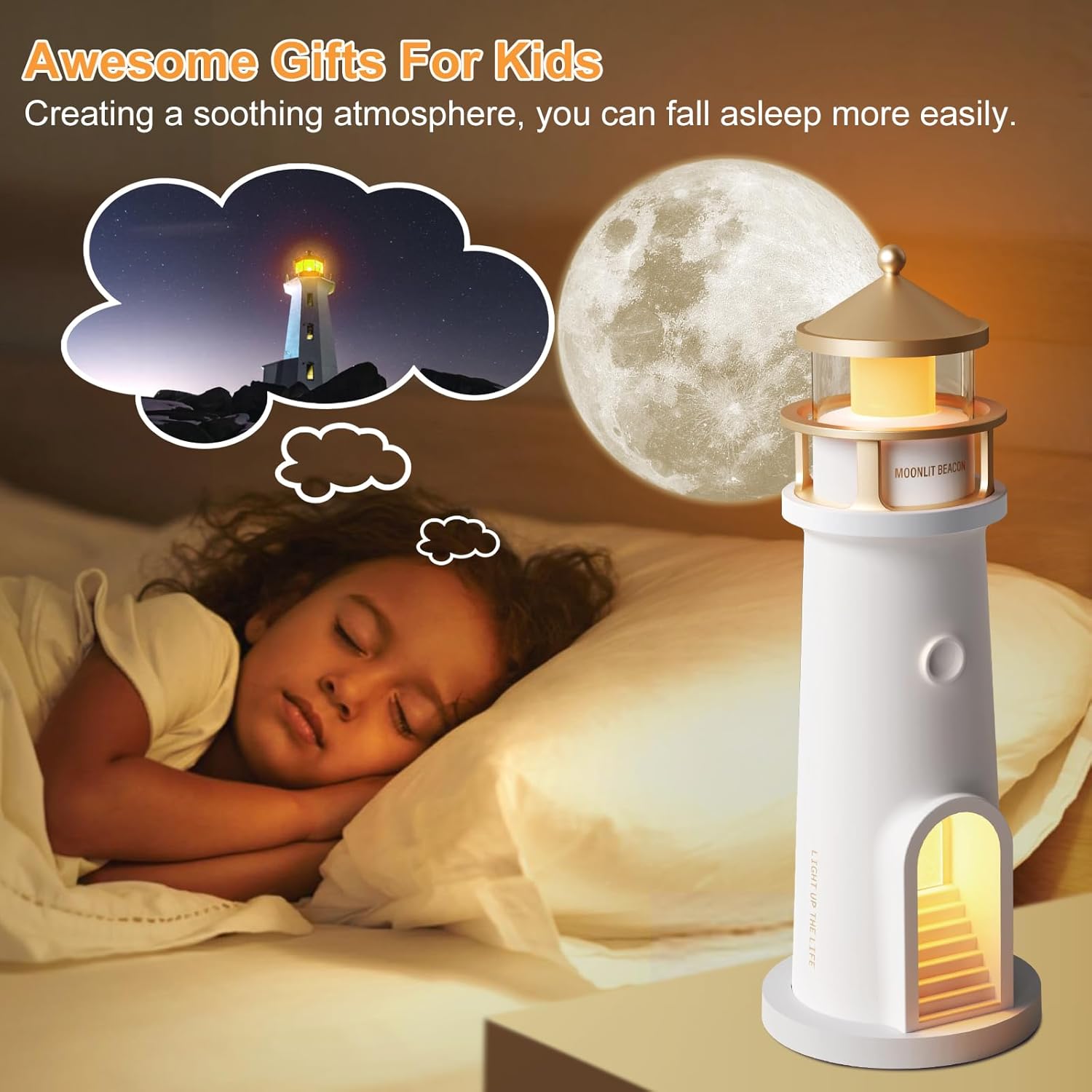 Lighthouse Table Lamps with Remote - Ultra HD Realistic Moon Projection, Flicker-Free Soft Warm White Light, 4 Brightness Adjustable &Timer, Rechargeable Nautical Bedside Lamp for Bedroom Living Room
