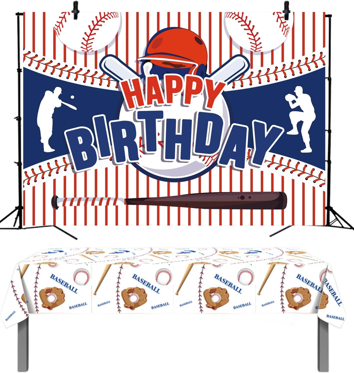 XCKALI Baseball Backdrop Tablecloth Set Baseball Theme Boys Children Teenagers Happy Birthday Party Sports Style Background Photo Booth Props 2PCS