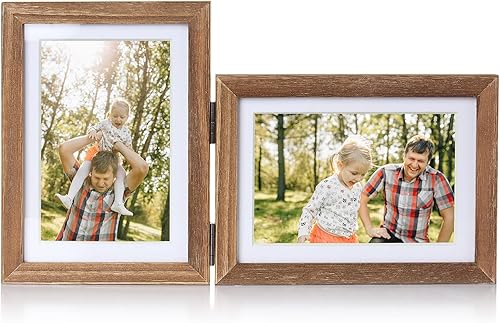 Miniatura 9 de Portarretratos de madera doble con bisagras de 5 x 7 pulgadas, vertical y horizontal, en veta de madera envejecida, pantalla de 4 x 6 pulgadas con