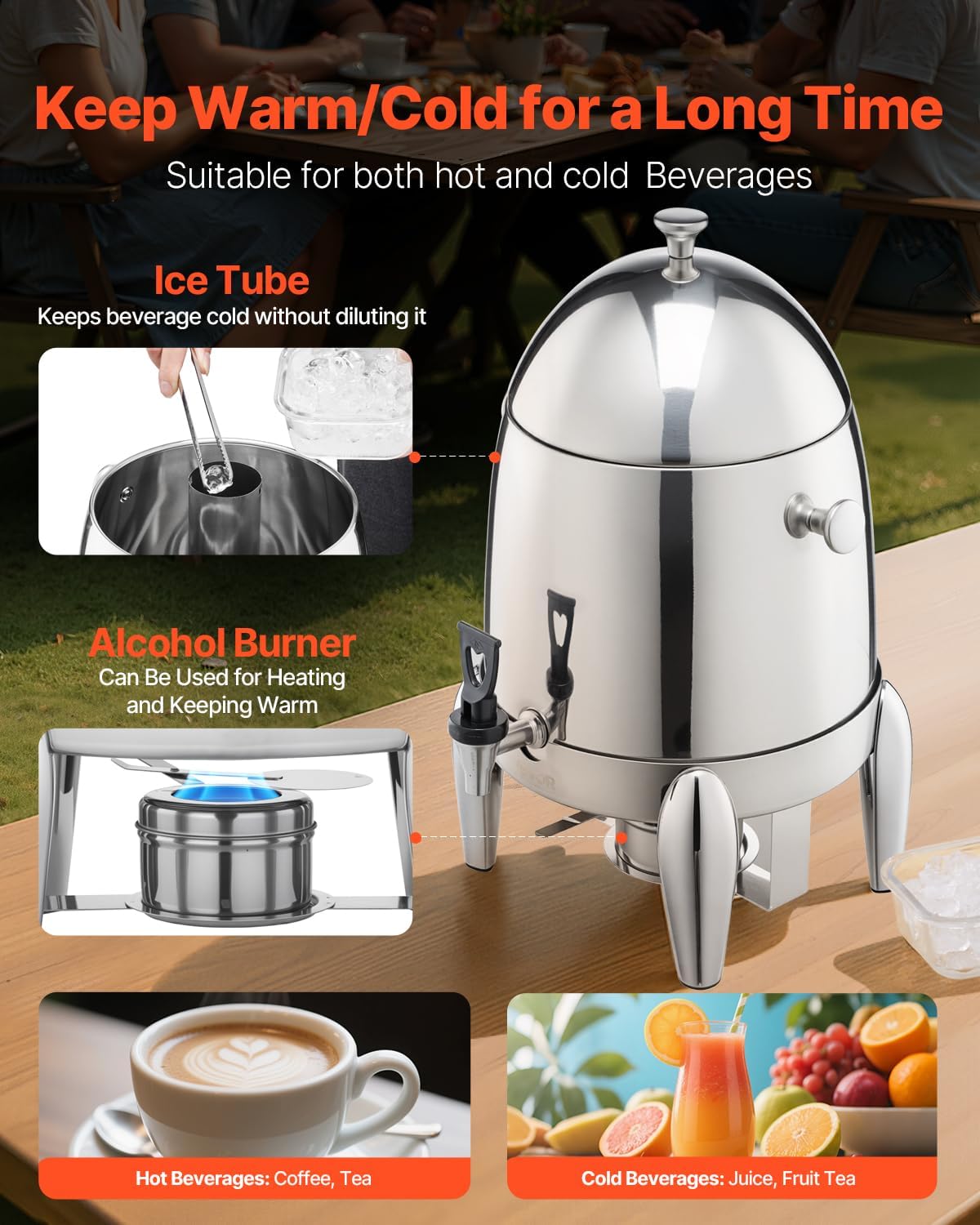 VEVOR Stainless Steel Beverage Dispenser, 2.7 Gallon Drink Dispenser with Alcohol Burner, Hot & Cold Drink Dispensers for Coffee Tea Hot Water, with Spigot Ice Tube, for Restaurants, Hotels, Parties
