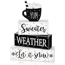 Marsui 4 Pcs Winter Wooden Tabletop Decor Rustic Hot Cocoa Block Sign Gift Farmhouse Christmas Tiered Tray Centerpiece Winter Decor for Home Office Desk Shelf Mantel