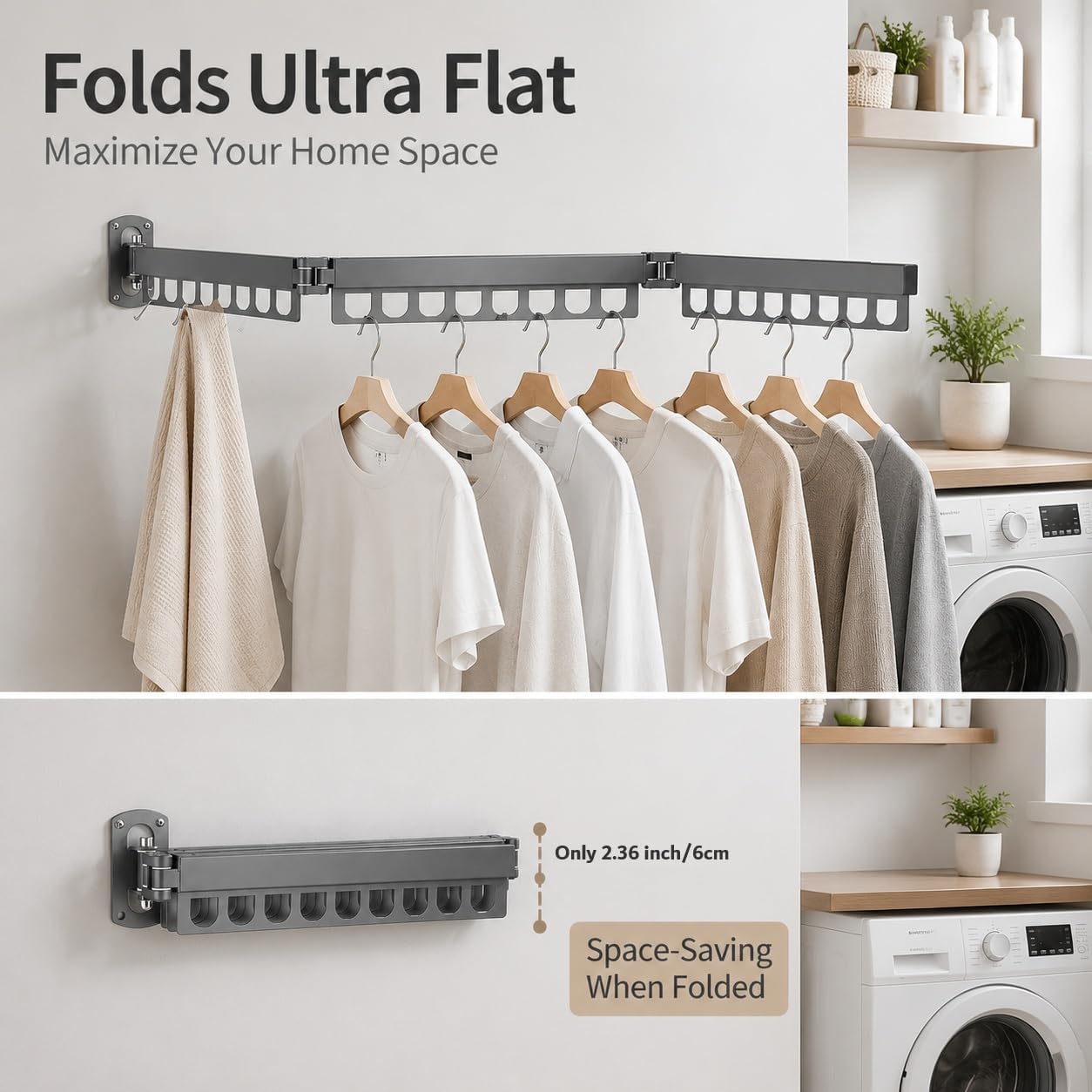 Retractable Wall Mounted Clothes Drying Rack, Rustproof Steel Drying Rack with 24 Hanging Holes, Space‑Saving Design for Apartments, Laundry Rooms, Balconies & RVs (Gray) image 2