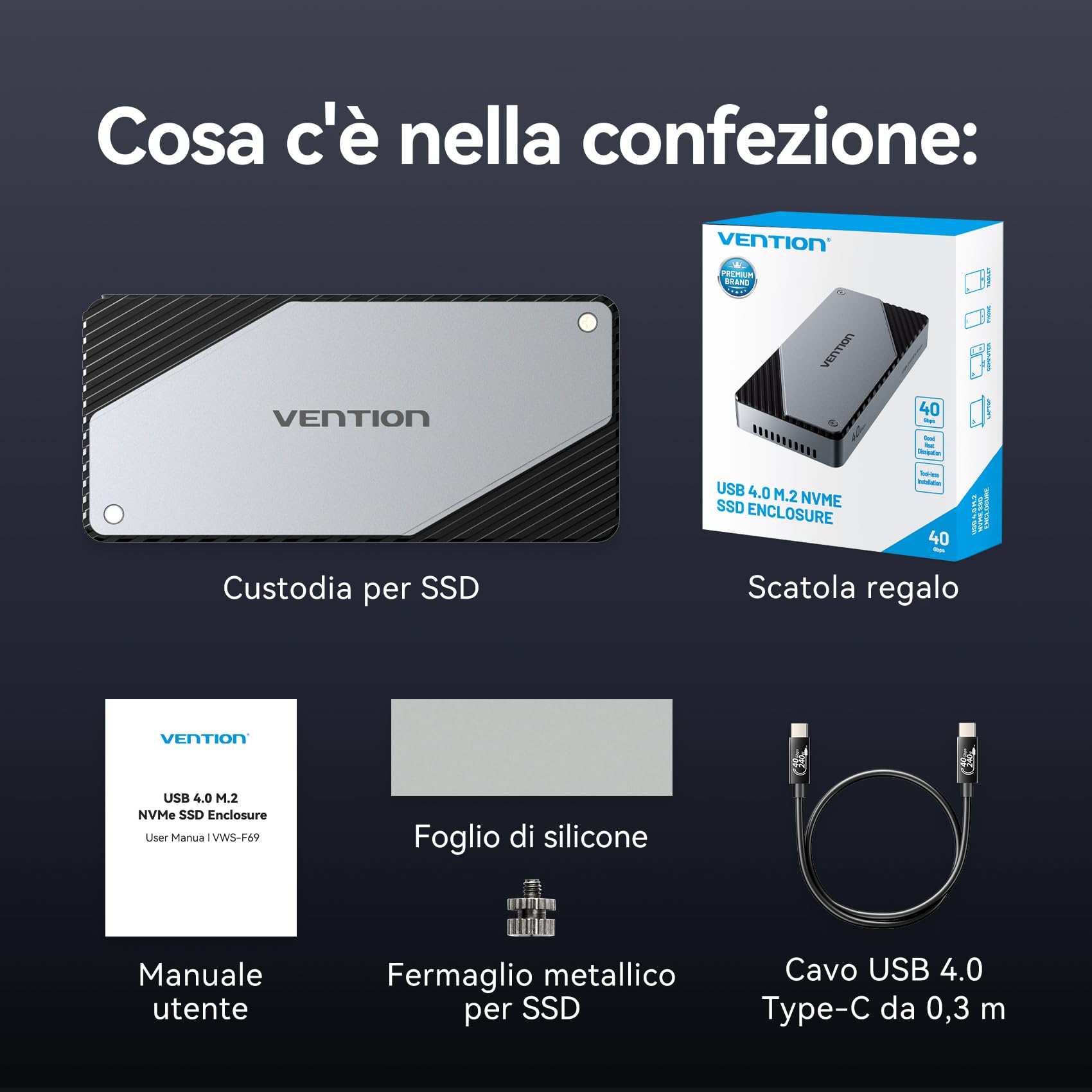 VENTION Custodia M.2 NVMe 40Gbps, Carcasa PCIe in alluminio con ventola intelligente, Cassa SSD senza strumenti per USB4/Thunderbolt, Supporto clav. M/M+B 2230/2242/2260/2280