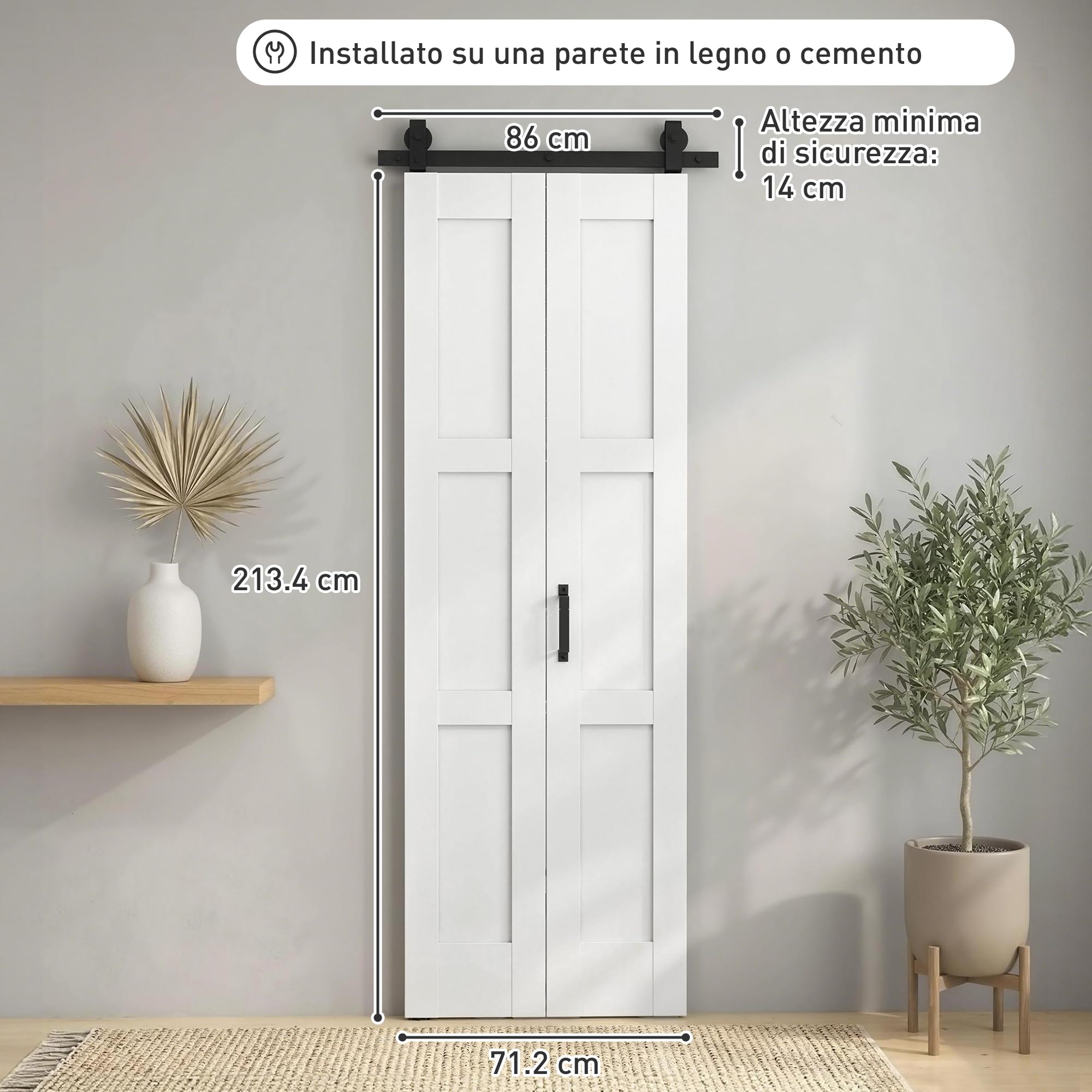 HOMCOM Porta Scorrevole Bi-fold Muro 71.2x213.4cm, Binario Silenzioso Acciaio, Maniglia, Guida, Ruote, Porta da Interno Stile Rustica, in MDF e Legno Pino, Impermeabile, per Cucina, Bagno