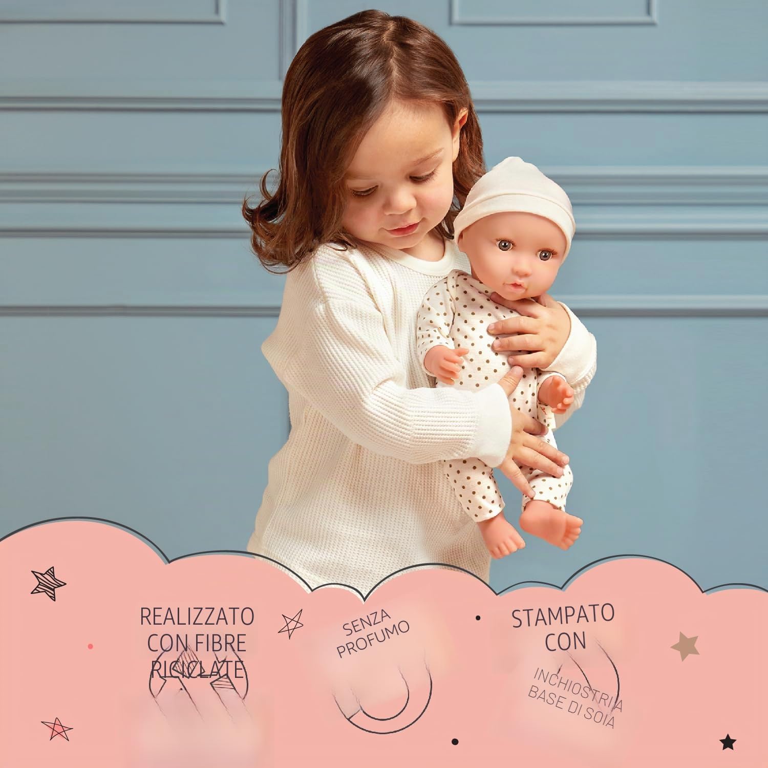 LullaBaby - Set di Bambole e Cuscini da Terra - Bambola realistica da 36 cm - Occhi Marroni e Corpo Morbido - Abbigliamento per Bambole con traversina Floreale, Fascia e succhietto - Bambini 2 Anni +