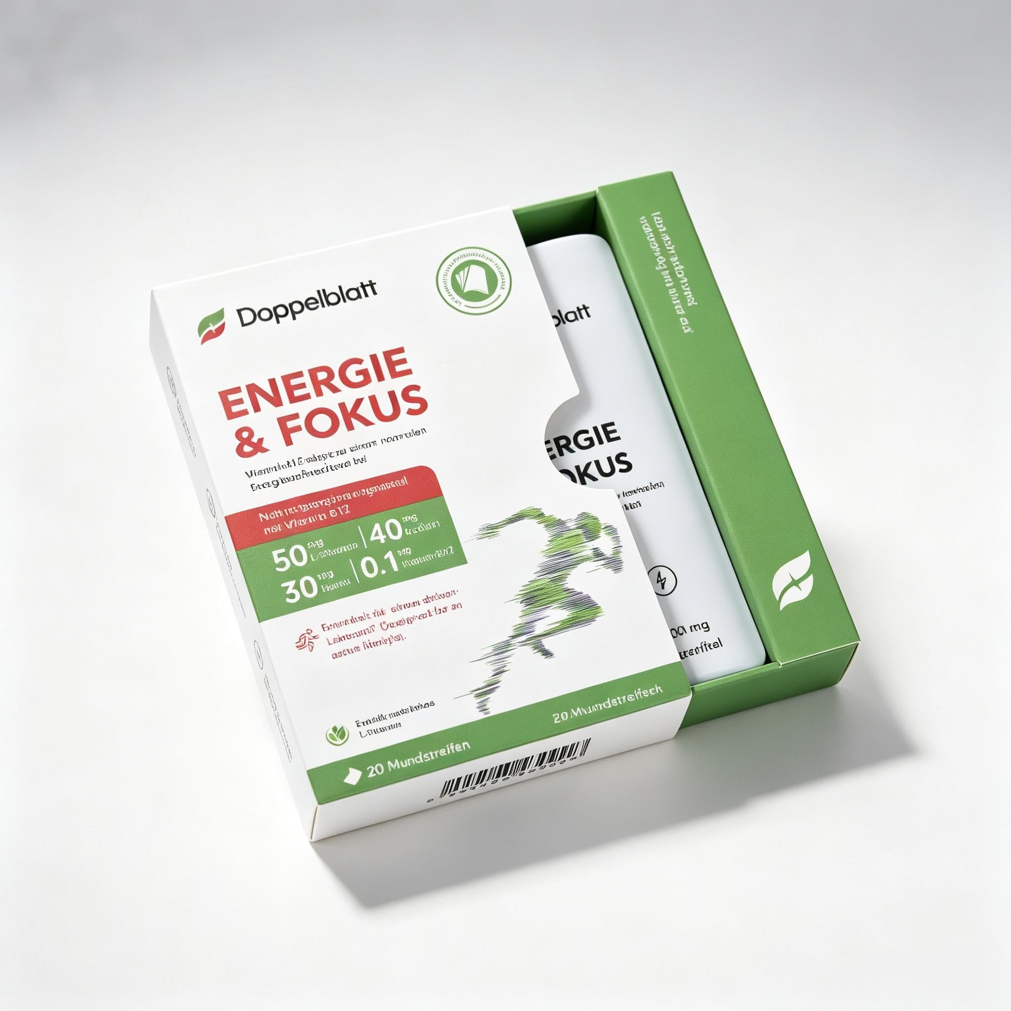 DoppelBlatt ENERGIE Mundlösliche Energie-Streifen mit Koffein, L-Theanin & B-Vitaminen, ohne Wasser für Sport, Büro und unterwegs, Zuckerfrei, Vegan, 20 Streifen（HC001-ENERGIE & FOKUS）