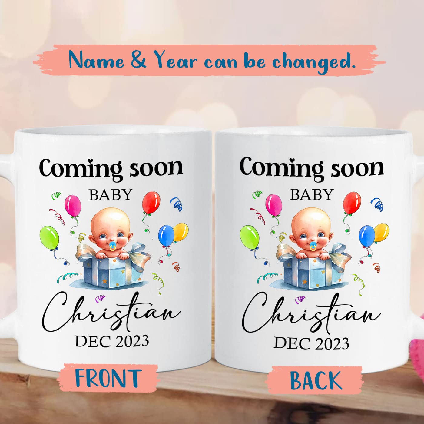 Personalized Name & Year Coming Soon Baby Ceramic Mug 11 Oz 15 Oz, Customized Pregnancy Announcement White Coffee Mug Cup Gift For New Daddy Grandpa Grandma, Unique Baby Coming Travel Coffee Cup Gift