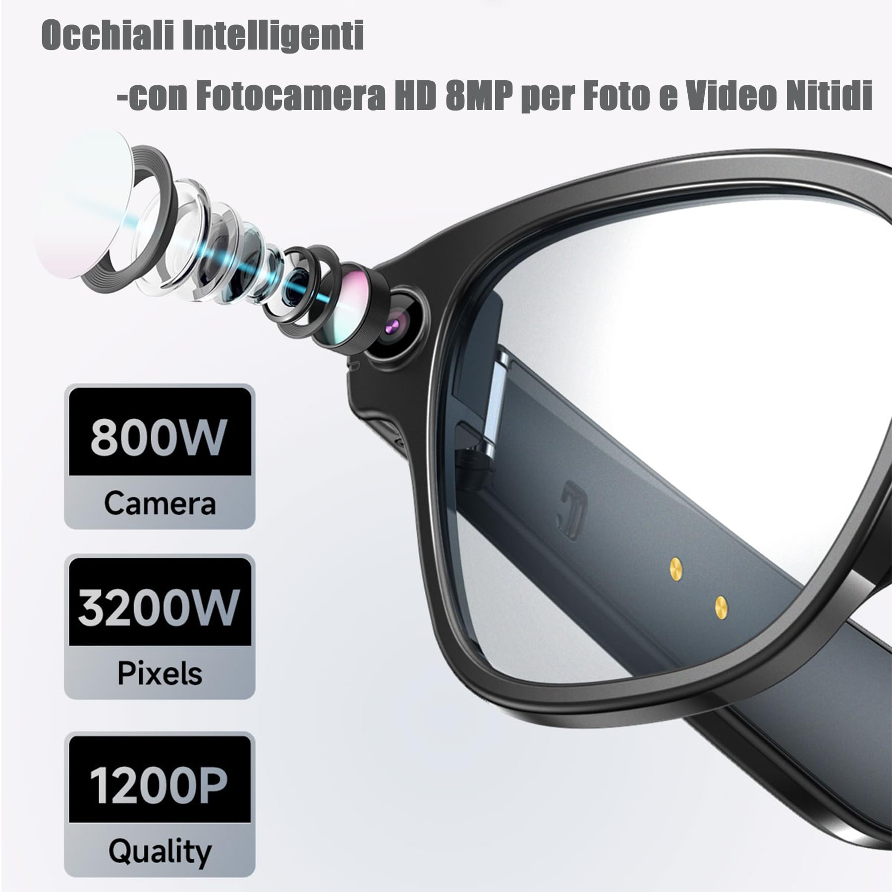 AI Smart Glasses con Telecamera 8MP, Occhiali Intelligenti con Lenti Fotocromatiche, Occhiali da Sole Bluetooth Uomo, Traduzione in Tempo Reale, Musica Open-Ear, Microfono Dual Noise Reduction
